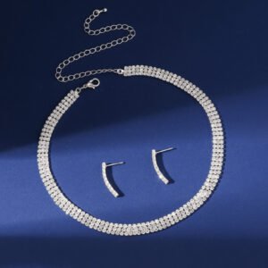Rhinestone Trend Geometric Brass Earring And Necklace Set