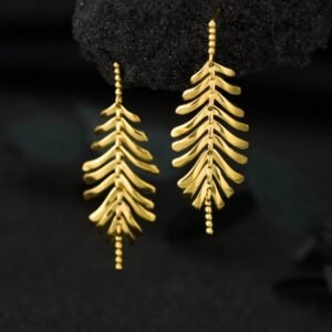 Golden Fern Elegance Sterling Silver Leaf Drop Earrings